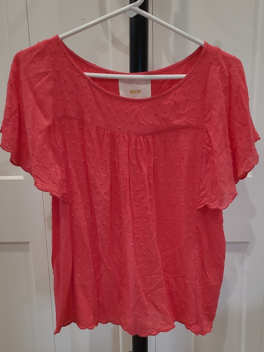 Maeve Coral Flutter-Sleeve Swiss Dot Blouse